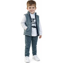 İrem Çocuk Giyim Erkek Çocuk Yelekli Baskılı Sweatshirt Gabardin Pantolon Turkuaz Renk Üçlü Takım