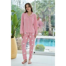 Remsa Kadın Kalp Desenli Önü Düğmeli Yumuşak Milan Kumaş Pijama Takımı 250376 PEMBE02