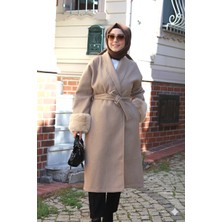 Tuğba Sarı Kol Ucu Kütklü  Bej Kaşe Kadın Mont