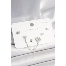 Aksiyon Global 925 Ayar Gümüş Çivi Pirinç Gümüş Renk Zirkon Taşlı Yonca Model Sallantı Zincir Detay Kadın Küpe Seti - Lisinya