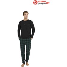 Kly Büyük Beden Erkek Rahat %100 Pamuklu Düğmeli Yaka 4 Mevsim Uzun Kollu Ekose Pijama Takım