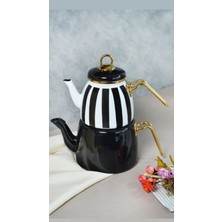 PremiumPort Retro Siyah Çizgili Emaye Çaydanlık ve Demlik Seti