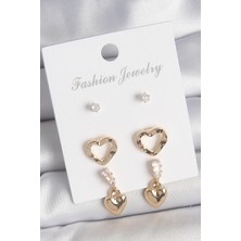 Aksiyon Global Pirinç Gold Renk Zirkon Taşlı Sallantı Kalp Model Kadın 3 Çift Küpe Seti - Lisinya