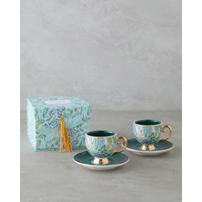 UltraMint Şık Yeşil-Mavi 4'lü Bone China Kahve Fincan Takımı, 2 Kişilik, 100 ml
