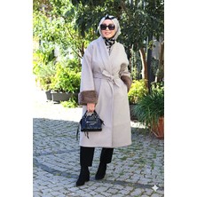 Tuğba Sarı Kol Ucu Kütklü  Krem Kaşe Kadın Mont