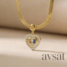 Melike Steel Italyan Zincirli Kalp Çevresi Taşlı Gold Renk  Paslanmaz Çelik Kadın Kolye