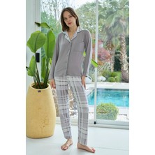 Remsa Kadın Desenli Önü Düğmeli Yumuşak Milan Kumaş Pijama Takımı 250374 Koyu Vizon