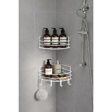 Sas Haus Tek Katlı Köşe Duş Rafı – Kancalı Banyo Şampuanlık & Organizer 2 Adet Beyaz Tk-01
