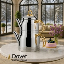 PremiumPort Paslanmaz Çelik Çaydanlık Takımı, Gold Kulp, 2,5 ve 4,5 Litre