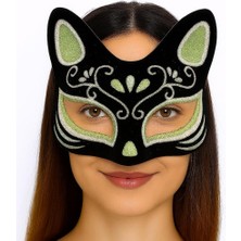 Tuncel Store Siyah Renk Süet Kaplama Üzeri Gümüş Yeşil Simli Kedi Maskesi 17X14 cm