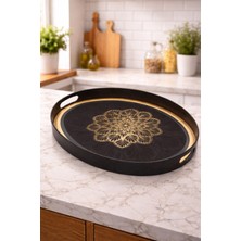 Blackstar Mandala Çiçek Desenli Oval Tepsi Siyah