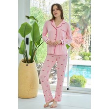 Remsa Kadın Kalp Desenli Önü Düğmeli Yumuşak Milan Kumaş Pijama Takımı 250359 PEMBE01