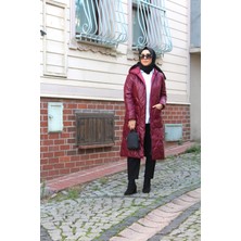 Tuğba Sarı Bordo Kapitone Uzun Cepli Kadın Mont