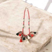 Lal Dizayn Püsküllü Boncuk Kolye - El Yapımı - Bohem Kadın Aksesuar