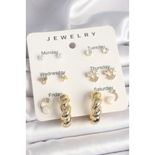 Aksiyon Global Pirinç Gold Renk Zirkon Taşlı Sarmal Halka Model 7'li Kadın Küpe Seti - Lisinya