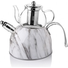 PremiumPort Şık Mermer Desenli Çelik ve Cam Çaydanlık Takımı Beyaz