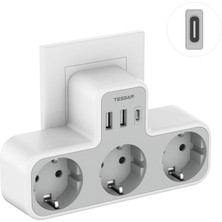 Tessan 6'sı 1 Arada Duvar Priz Çoklayıcı | 3 Adet Ac Priz, 1 Usb-C ve 2 Usb-A Girişli | 3600W Güç Kapasitesi | Engel Olmayan Kompakt Tasarım (Beyaz)