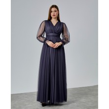 Asees Önü Kruvaze Uzun Kol Esnek Tül Abiye Elbise