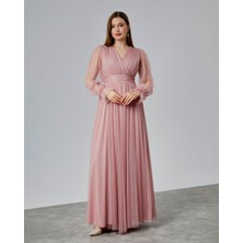 Asees Önü Kruvaze Uzun Kol Esnek Tül Abiye Elbise