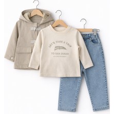 Bambino Kapüşonlu Trenç Mont, Sweatshirt, Jean Pantolon 3’lü Takım