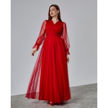 Asees Önü Kruvaze Uzun Kol Esnek Tül Abiye Elbise