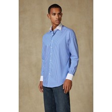 Abbate Grant Non Iron Twill Pamuklu Slim Fit Koyu Mavi Klasik Yaka Erkek Çizgili Gömlek