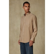 Abbate Federico Dokuma Tencel (Lyocell) Comfort Fit Bej Düğmeli Yaka Erkek Düz Gömlek