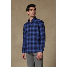 Abbate Luca Twill Pamuklu Comfort Fit Lacivert Düğmeli Yaka Erkek Kareli Gömlek