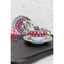 UltraMint Şık 2 Kişilik 4 Parça Porselen Çay Fincanı Takımı, Gold Kırmızı Çiçek