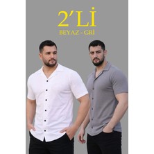 Erkek Waffle Dokuma Açık Yakalı Düğmeli Regular Kalıp 2’li Gömlek Seti - Beyaz & Gri