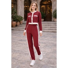 Moda Şerit Detaylı Düğmeli Üst Pantolon 2’li Kadın Takım Spor Şık