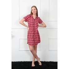 Veralya Moda Kadın Dokuma Kumaş Önden Düğmeli Kırmızı Tunik Gecelik