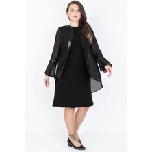 Fahima Payet Şeritli Şifon Büyük Beden Elbise Siyah FHM750