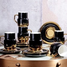 UltraMint Şık Porselen 6 Kişilik Gold Siyah Kahve Fincan Takımı