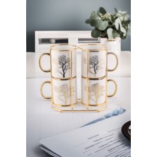 UltraMint Autumn Gold Hayat Ağaç Desenli 4'lü Standlı Kupa Seti