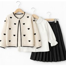 Bambino Kalp Desenli Triko Hırkalı Pileli Etekli 3 Lü Kız Takımı