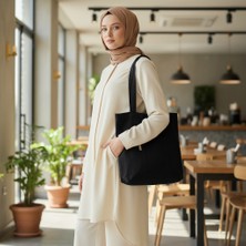 Bordglow Siyah Cepli Bez Çanta Gabardin Plaj Çantası Büyük Boy Günlük Omuz Çantası Kalın Kumaş Tote Bag