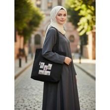 Bordglow Siyah Cepli Bez Çanta Gabardin Plaj Çantası Büyük Boy Günlük Omuz Çantası Kalın Kumaş Tote Bag