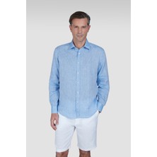 Paul & Shark Erkek Normal Kalıp %100 Keten Düz Uzun Kollu Mavi-Beyaz Gömlek 25413006CF-080