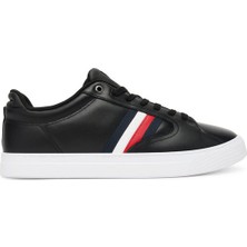 Tommy Hilfiger Erkek Bayrak Logolu Düz ve Rahat Taban %100 Deri Siyah Sneaker FM0FM05628-BDS