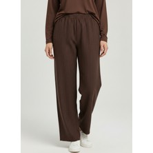 Miostil Bol Paça Çizgili Keten Pantolon-Kahve