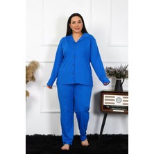 Veralya Moda Kadın Büyük Beden Pamuklu Cepli Düğmeli Saks Pijama Takım