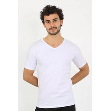 Veralya Moda Erkek Likralı V Yaka Beyaz T-Shirt