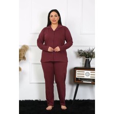 Veralya Moda Kadın Büyük Beden Pamuklu Cepli Düğmeli Mürdüm Pijama Takım