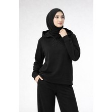 Miostil Kapşonlu Taş Detay Tunik-Siyah