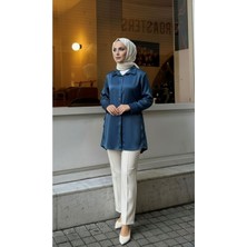 Miostil Yan Bağlamalı Saten Tunik-Petrol Mavisi