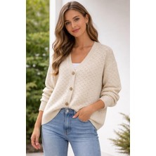 Bayan Hırka Kazak V Yaka Dügmeli Hırka Bej