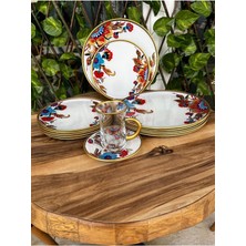 UltraMint Çiçek Desenli Beyaz 24 Parça Kulplu Çay Takımı Seti