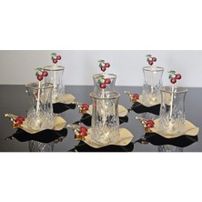 UltraMint Yaldız Detaylı 18 Parça Çay Seti, Döküm Kızıl Renk, Metal Tabaklı, Lüks