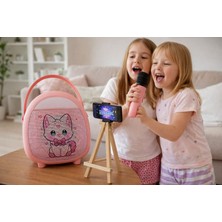 Çocuklara Özel Tasarımlı Bluetooth Karaoke Mikrofon ve Ahşap Tripodlu – Pembe